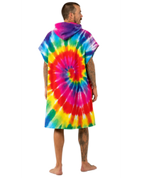 Man wearing a colorful tie-dye hoodie on a white background