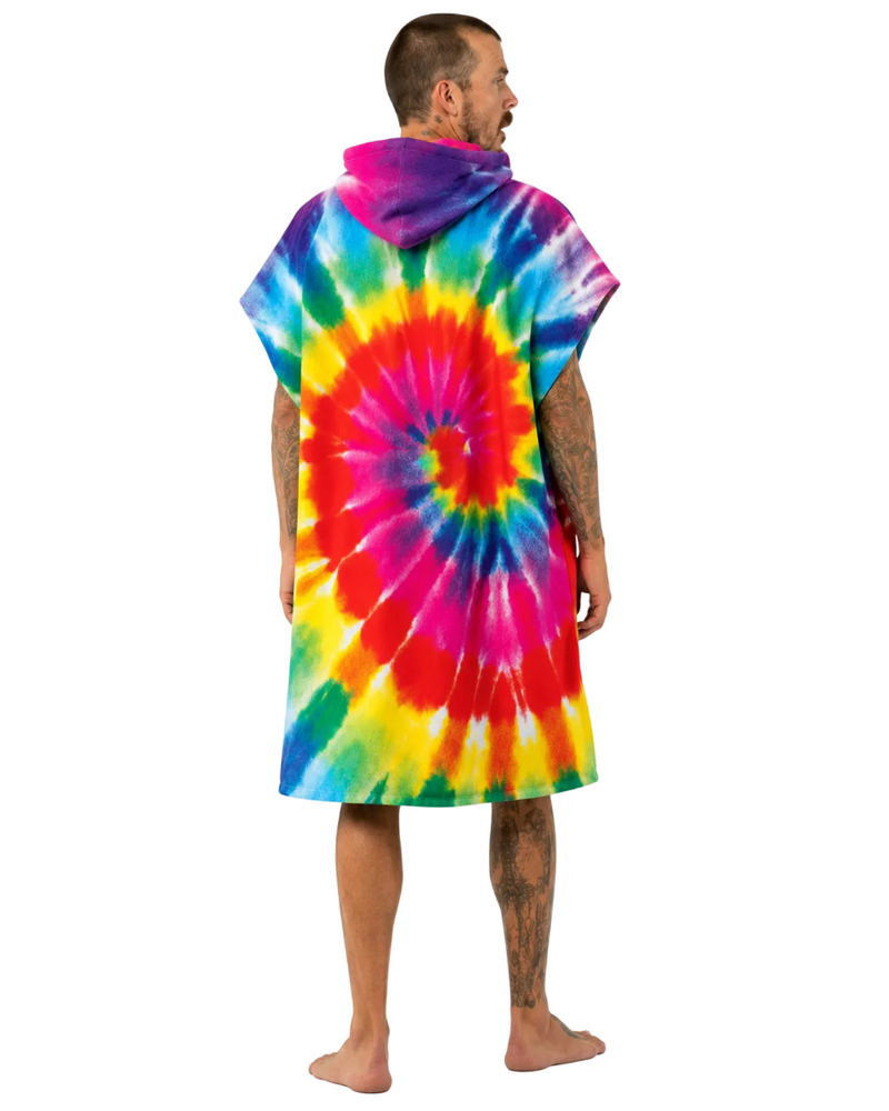 Man wearing a tie-dye hoodie with text and graphics on a white background