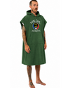 Man wearing a green hooded poncho with a logo on a white background