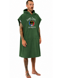 Man wearing a green hooded poncho with a logo on a white background