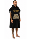 Person wearing a black hoodie with text and a leopard print design on a white background
