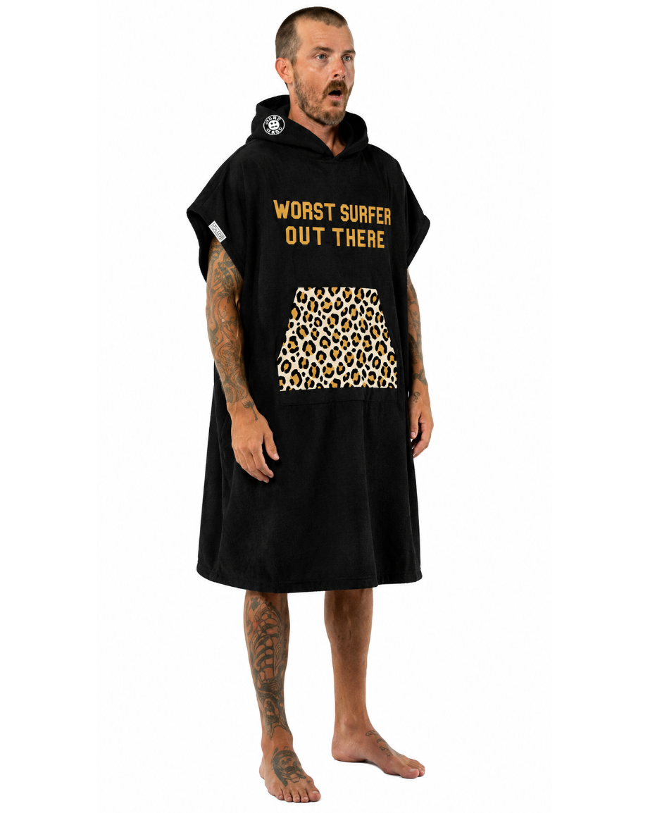 Person wearing a black hoodie with text and a leopard print design on a white background