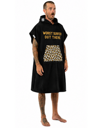 Person wearing a black hoodie with text and a leopard print design on a white background