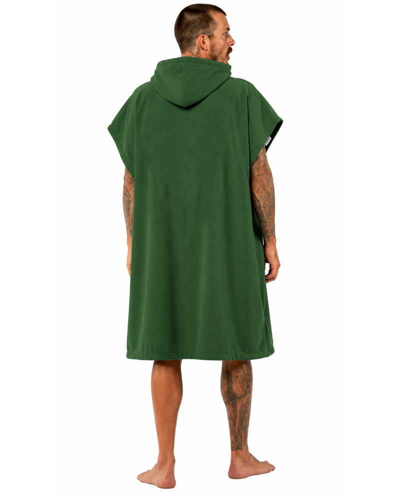 Man wearing a green hooded poncho with a logo on a white background