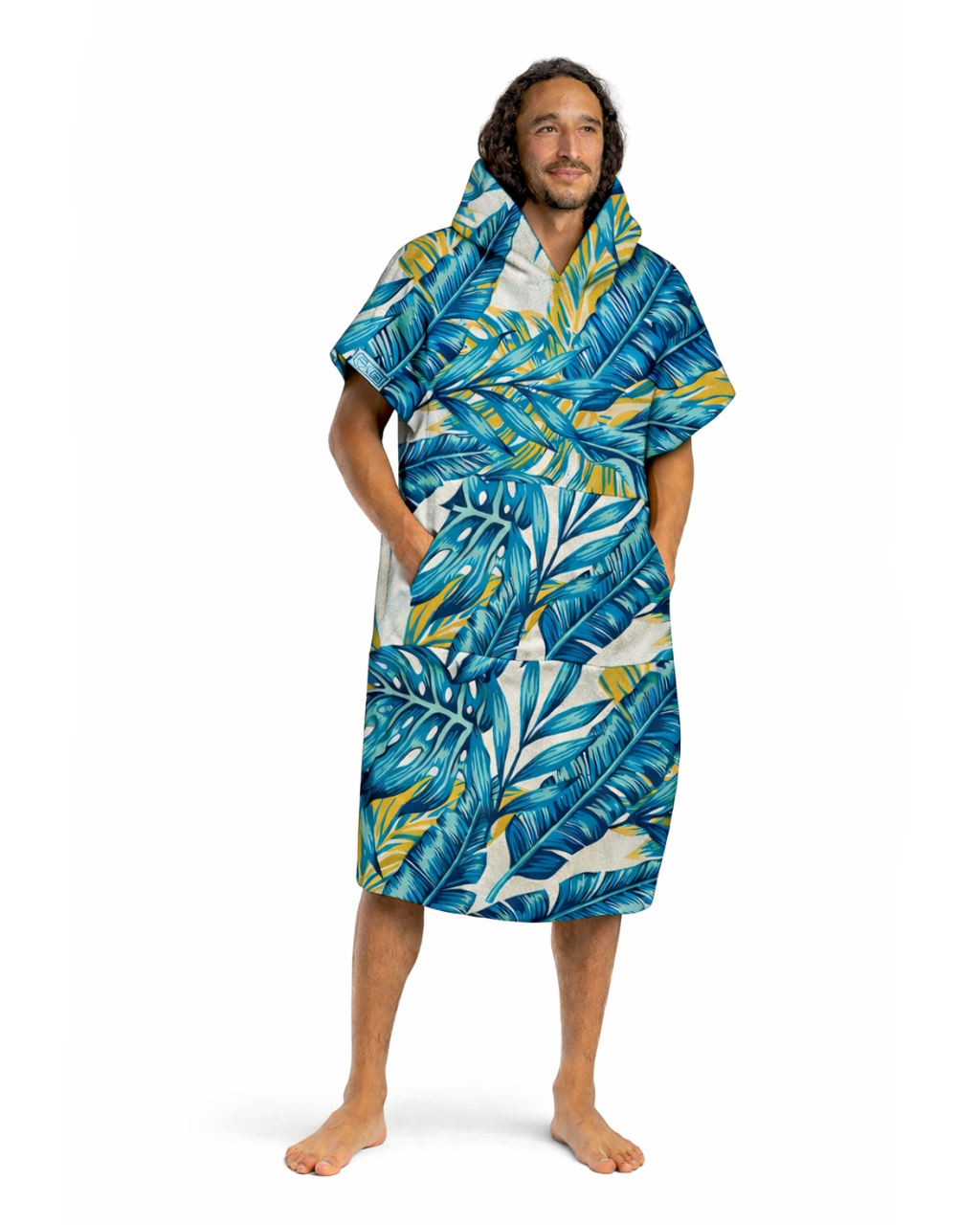 Man wearing a blue tropical leaf patterned robe on a white background