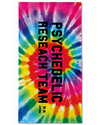 Tie-dye towel with 'Psychedelic Research Team' text on a colorful background