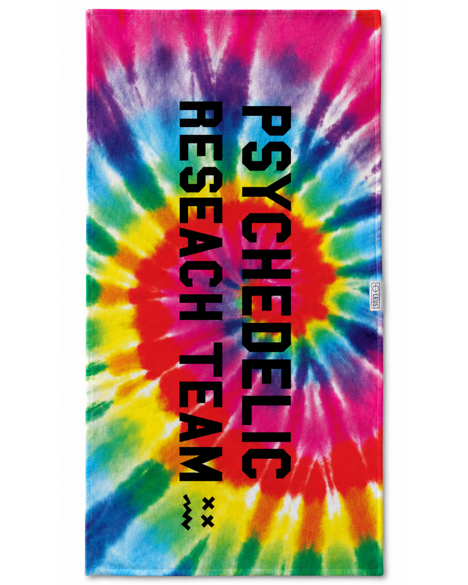 Tie-dye towel with 'Psychedelic Research Team' text on a colorful background