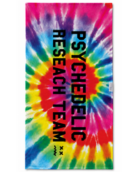 Tie-dye towel with 'Psychedelic Research Team' text on a colorful background