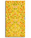 Floral patterned towel with a brand logo on a yellow background
