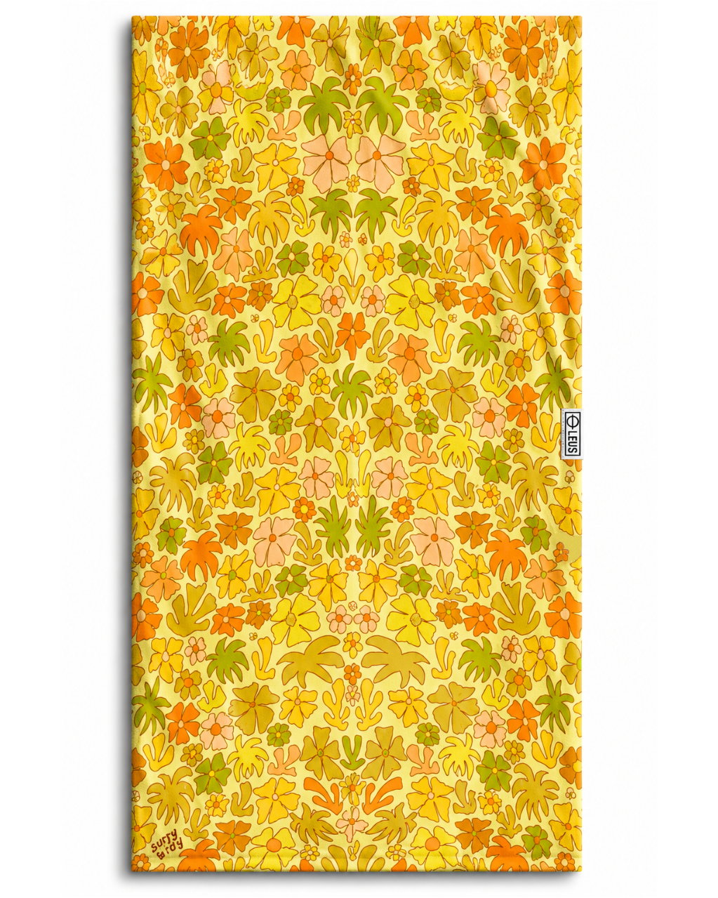 Floral patterned towel with a brand logo on a yellow background
