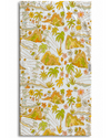 Towel with tropical pattern featuring palm trees, flowers, and landscapes.