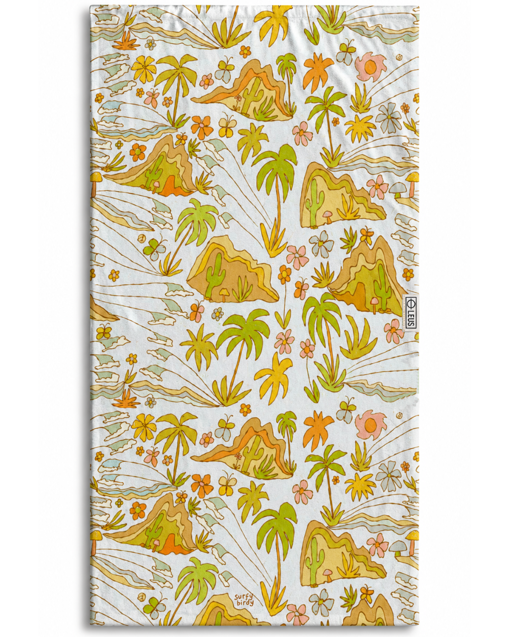 Towel with tropical pattern featuring palm trees, flowers, and landscapes.
