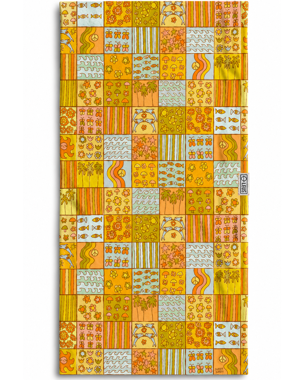 Patterned towel with a colorful patchwork design on a white background