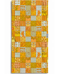 Patterned towel with a colorful patchwork design on a white background