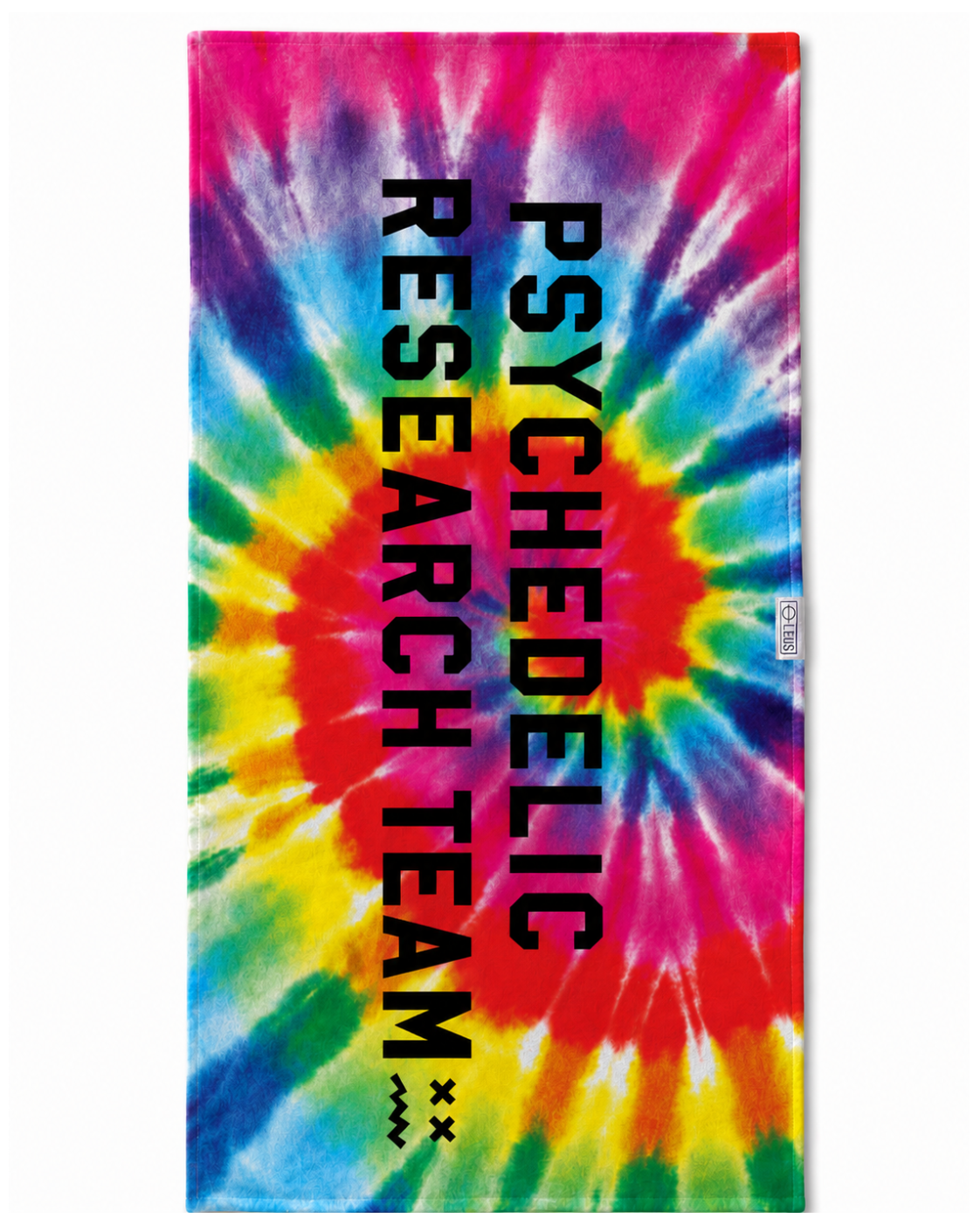 A rectangular beach towel featuring a vibrant rainbow tie-dye spiral pattern with bold black vertical text reading 'PSYCHEDELIC RESEARCH TEAM' on the front.