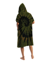 Person wearing a green and black tie-dye hooded towel on a white background