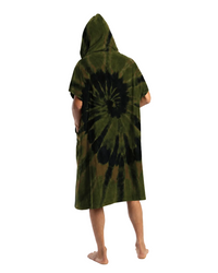 Person wearing a green and black tie-dye hooded towel on a white background