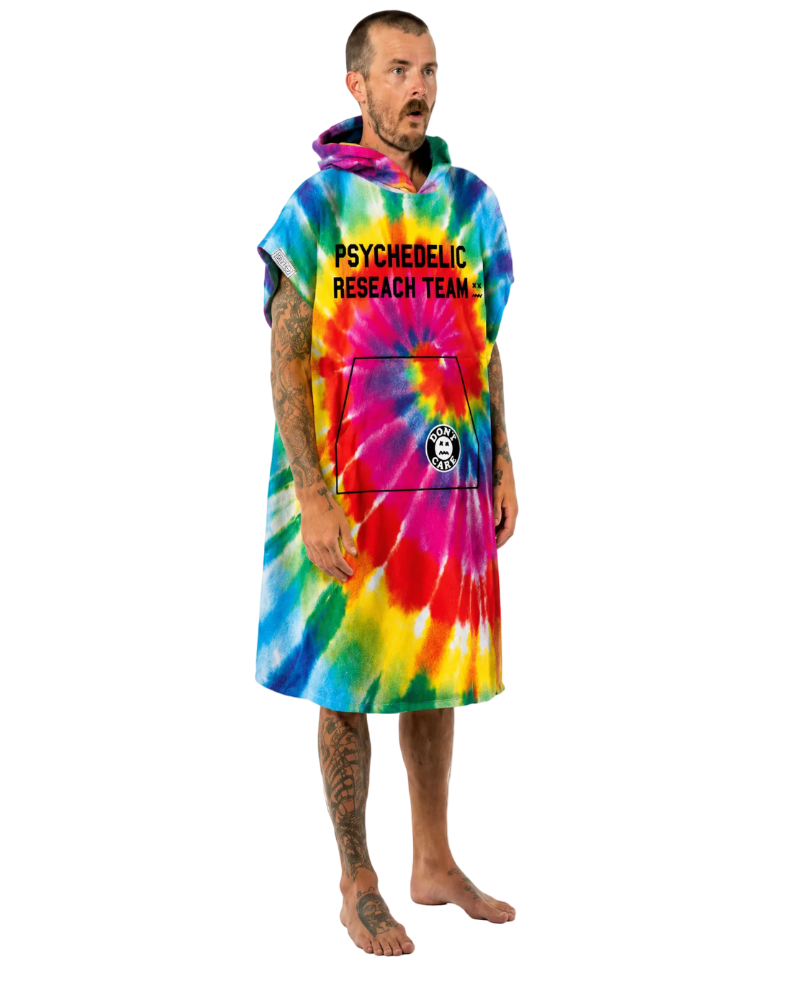 Man wearing a tie-dye hoodie with text and graphics on a white background