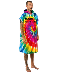 Man wearing a tie-dye hoodie with text and graphics on a white background